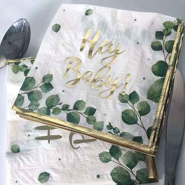 Serviettes de table jetables en papier, 25 pièces, avec feuille verte, feuille d'or, pour serviettes à main, set de couverts avec serviette