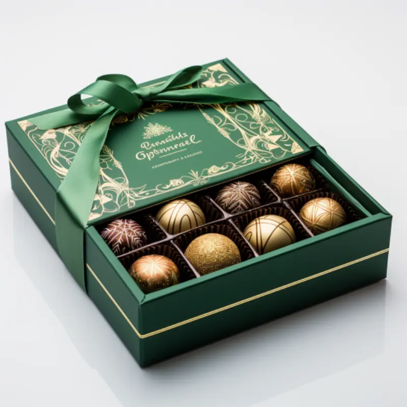 A gaveta verde feita sob encomenda deu forma às caixas do crismas para o chocolate que embala a caixa do chocolate do Natal