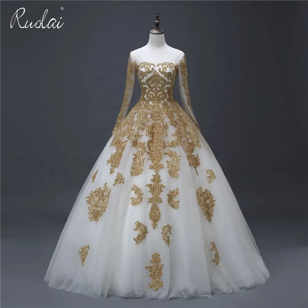 Ruolai YASA-020 Vintage Custom made Beads White and Gold Applique Bride Ball Gown Muslim Full Skirt Long Sleeve Wedding Dress