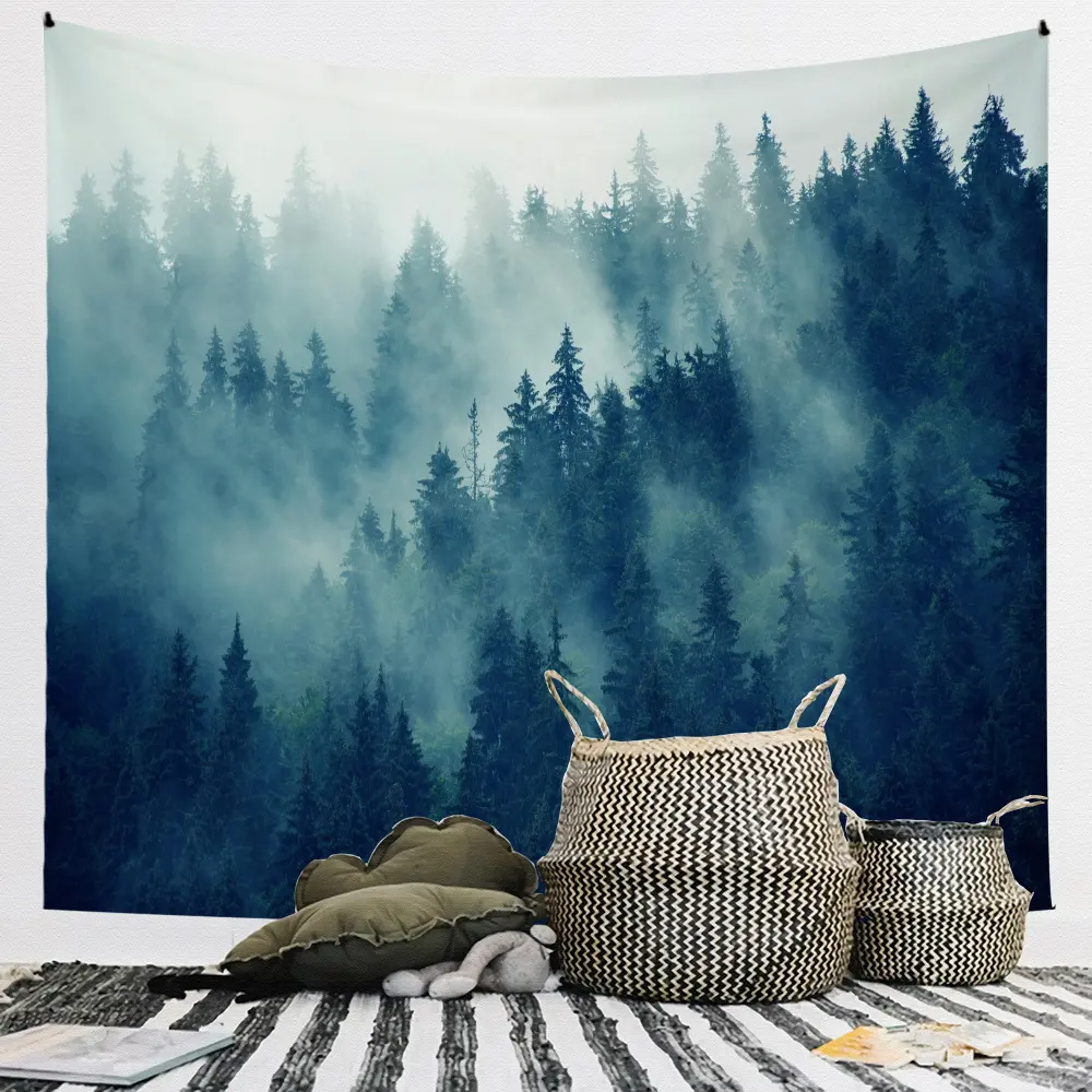 Paisaje con bosque de abetos en Hipster Vintage Retro estilo tapiz tapices colgantes de pared decoración sala de estar dormitorio para el hogar