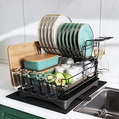 Mutfak için lavabo çanak raf üzerinde pas geçirmez katlanabilir bulaşık kurutma rafı 2 Tier Metal bulaşık kurutma rafı