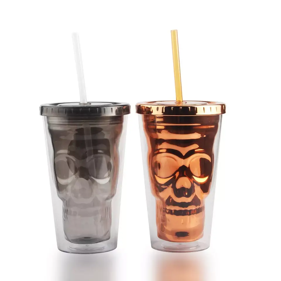 Koi 16 oz Fun Central Double Wall Skull Tumbler Cup with Straw For New Year's Eve Party Night Clubs Birthdays Glow Party Raves