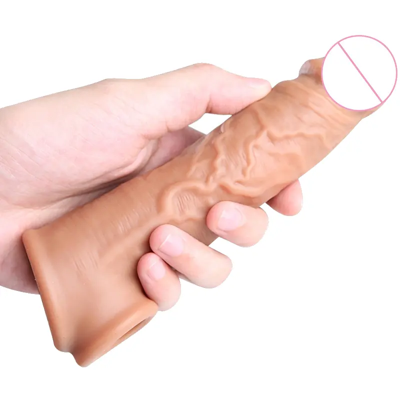 Kondom realistis, dapat digunakan kembali lengan Penis pembesar kondom pria Penis Dildo penambah barang intim mainan seks untuk pria