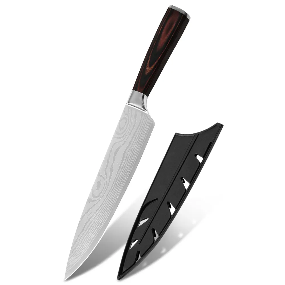 أفضل ردود الفعل تعليق اليابانية سكين الطاهي مقبض خشبي 7 بوصة Santoku سكين المطبخ مع هدية مربع