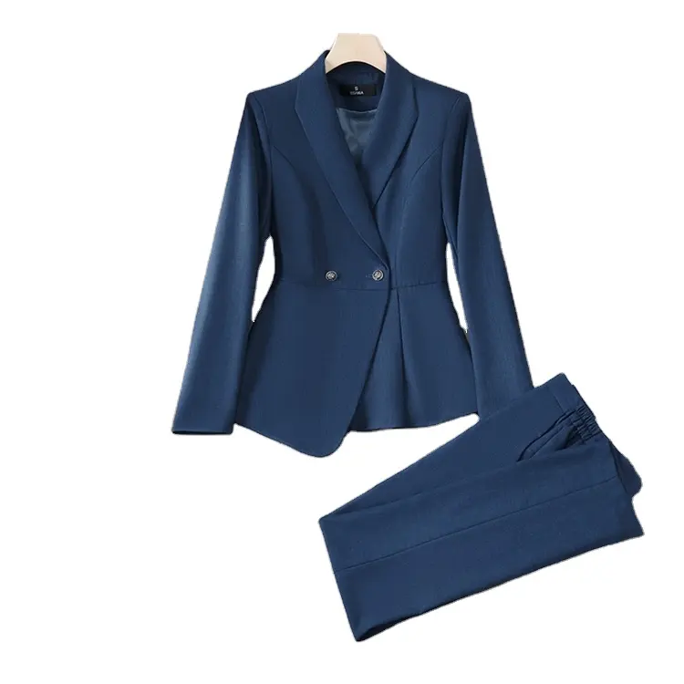 Elegante de alta calidad de color sólido de la oficina de negocios Delgado Blazer de dos piezas más pantalones de tamaño traje de las mujeres