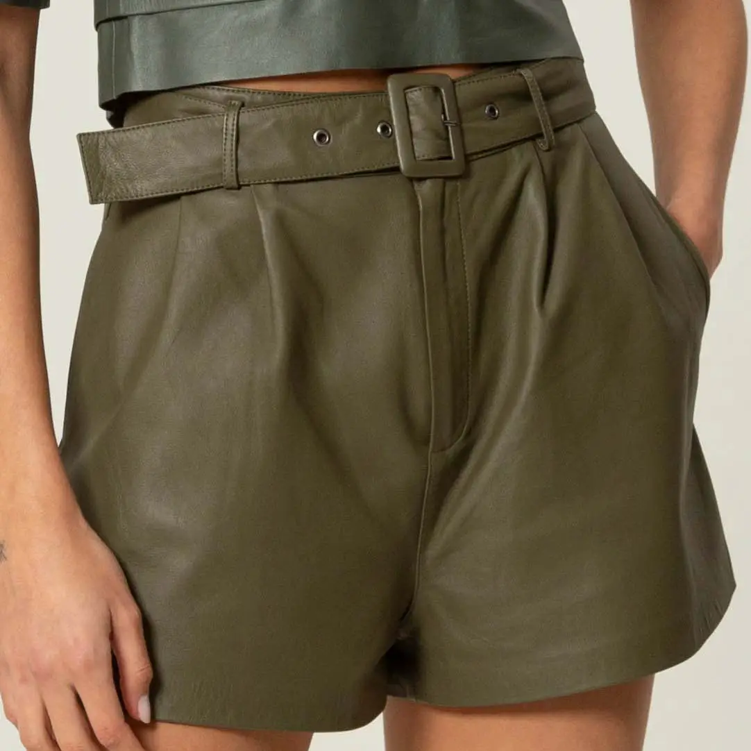 Women's Shorts With Belt Daniela Model Made From The Finest Genuine Sheepskin Brown Seven C