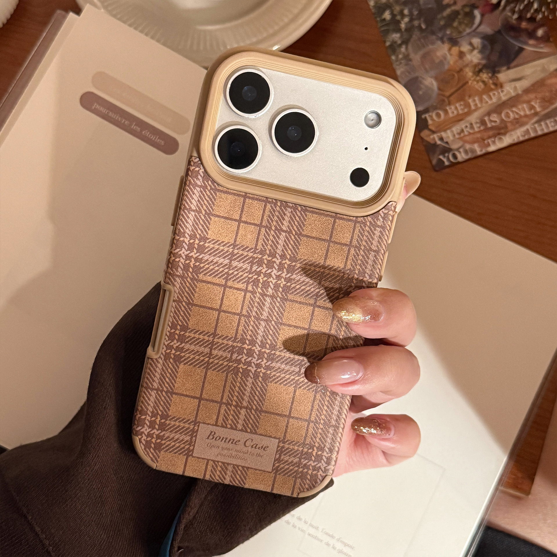 Khaki houndstooth brown and yellow plaid