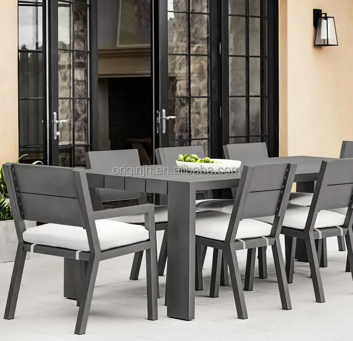 Juego de muebles de aluminio para jardín, mesas de comedor y silla de estilo nórdico de lujo, personalizadas, 6 o 8 asientos