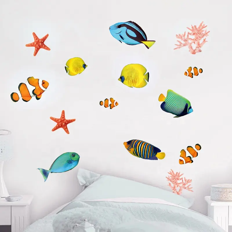 물고기 바다 세계 3D 만화 벽 스티커 장식 벽지 아이의 방 침실 홈 장식 벽 장식 Pvc 3d 물고기 벽 스티커
