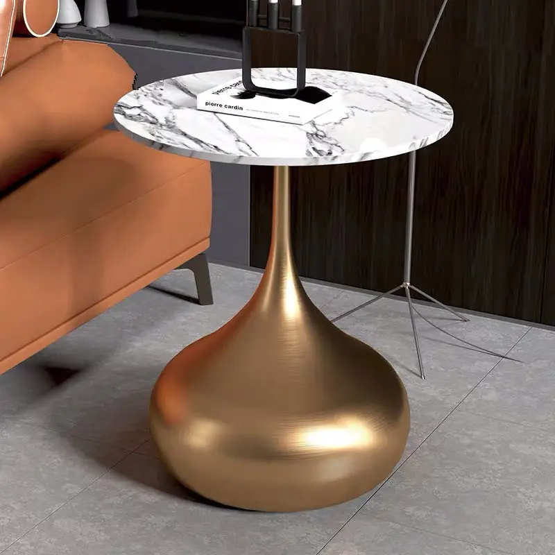 Luxury living room hotel lobby round side table coffee table with marble top and metal base
