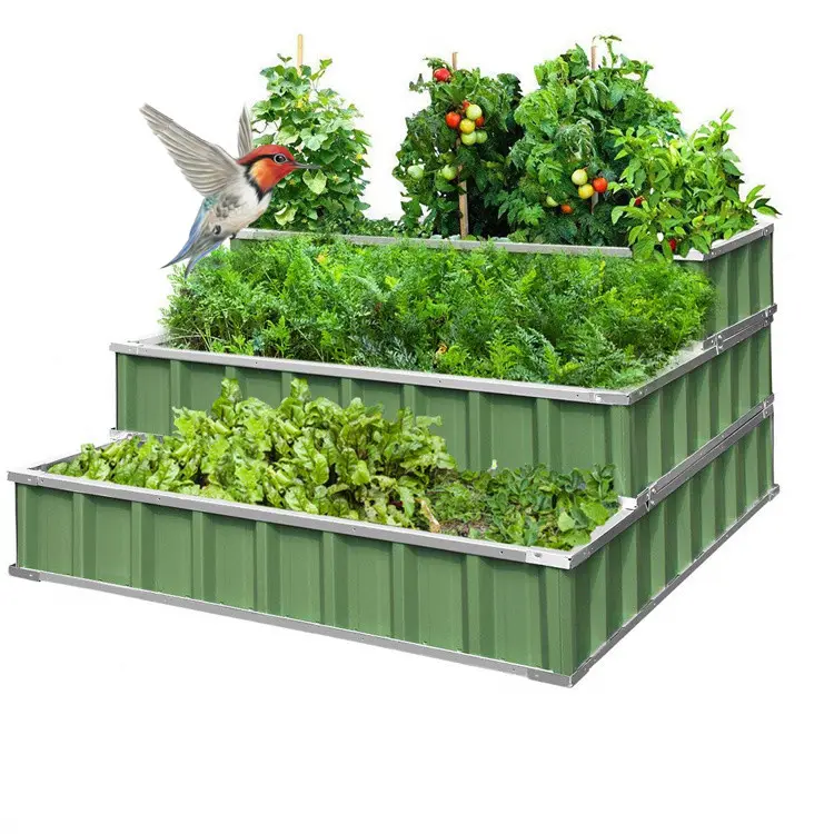 Vente en gros Boîte de plantation modulaire verte à 3 niveaux Lit de jardin surélevé en métal galvanisé par légumes