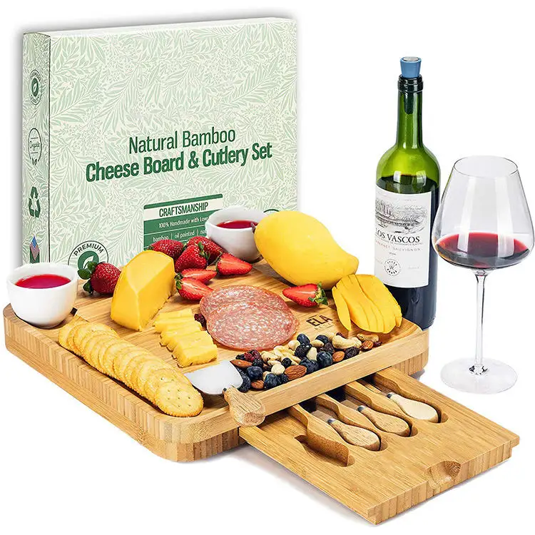 Usa Warehouse Preço barato Grande 4 Piece Knife Eco Friendly Outdoor Piquenique Cozinha Cheese Board Bambu para o melhor presente