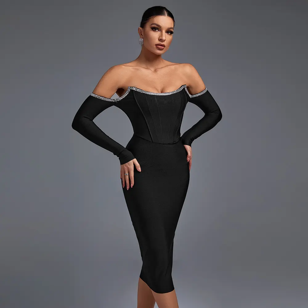 New Fashion Black Dress Off The Shoulder Long Sleeve Maxi Prom Dresses 2022 Summer Formal Evening Dresses Women