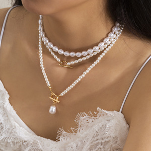 <strong>3</strong> Pcs/set Fashion Jewelry Pearl Overlapping Collarbone <strong>Chain</strong> with OT Button Vintage Beaded Necklace Bracelet Set for Women - Product Image 1
