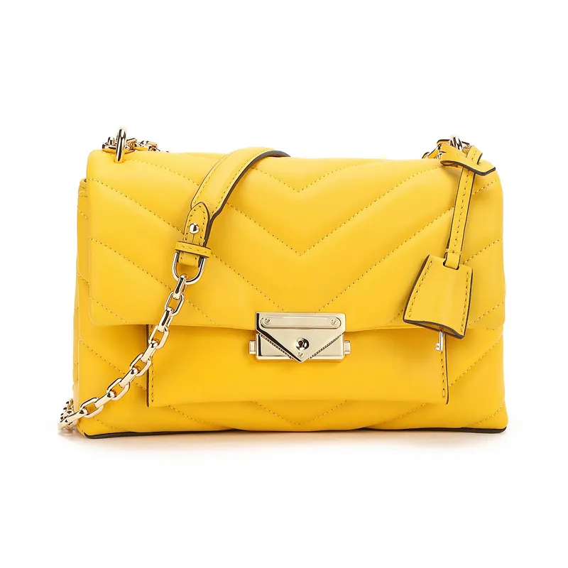 Factory Price OEM Designs Yellow PU Leather Quilted Chevron Bags Crossbody Chain Handbags