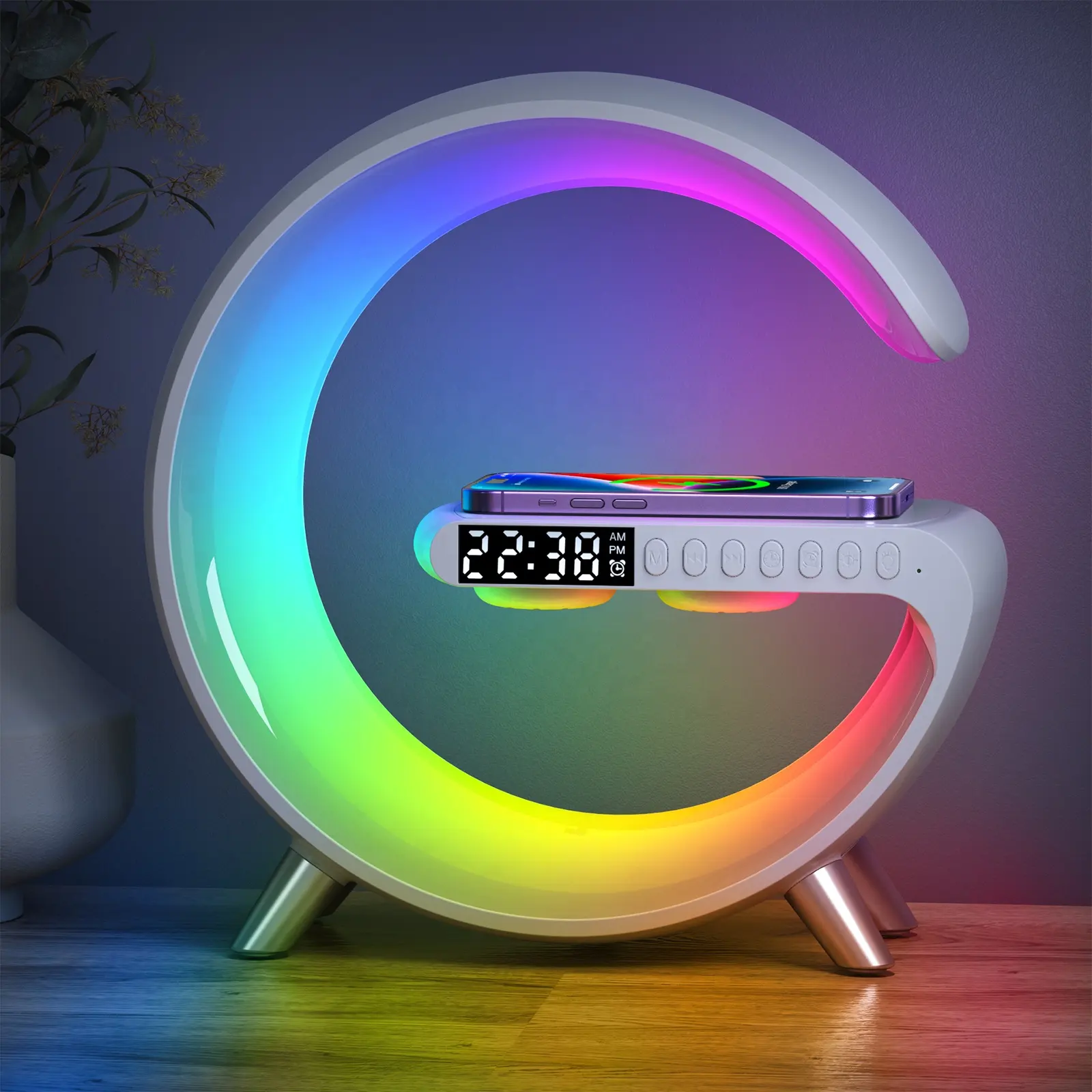 2023 New G-Shaped App Control Wireless Charging Desk Table Lamp With Clock  BT Music Speaker Ambient Night Light G Lamp