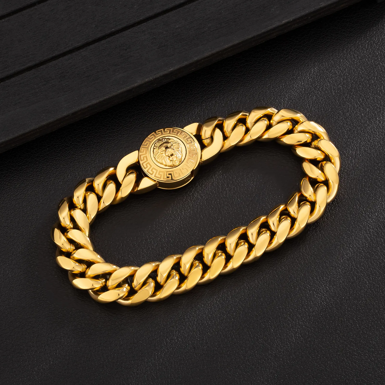 Miami Big Thick Bracelet 18K Real Gold Plated Hip Hop Mujeres Lion Broche Joyería de acero inoxidable 12 mm Hombres Cuban Link Bracelet