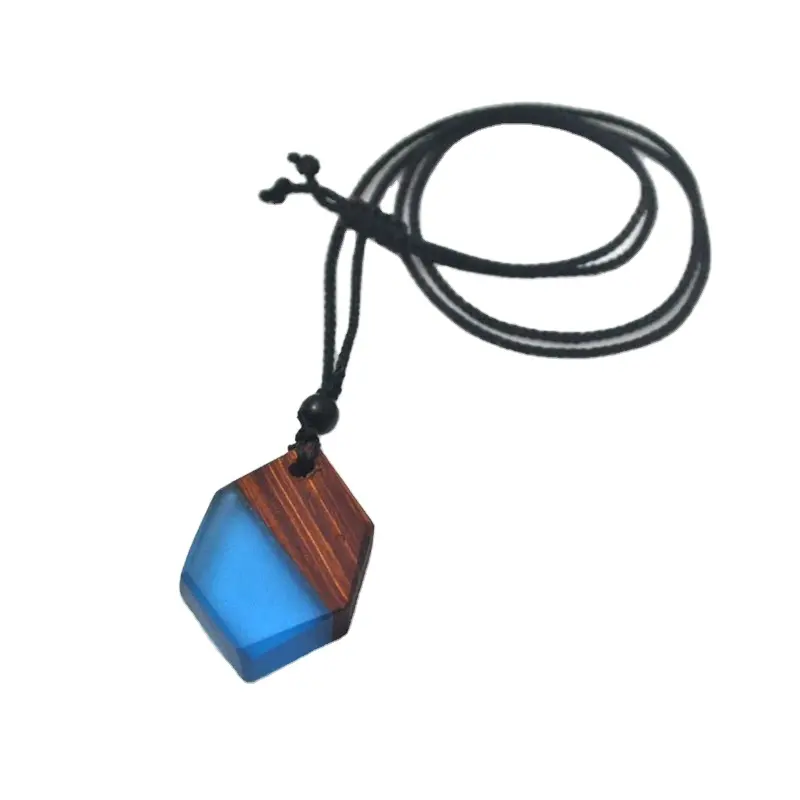 Fashion geometric wooden resin necklace pendant wood grain antique men and women's jewelry woven rope gifts