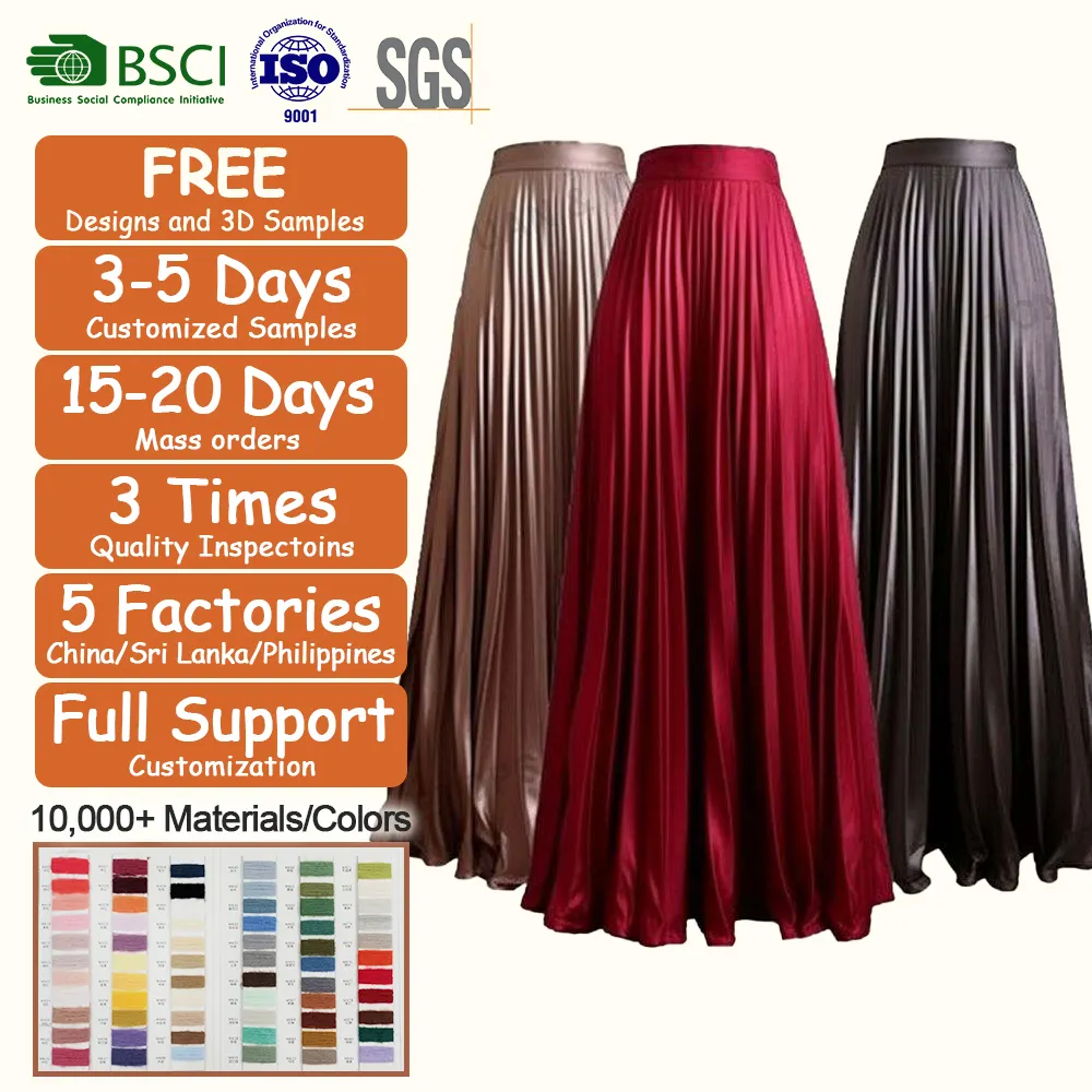 Plus Size Women Clothing Slanna Elastic High Waist Reflective Pleated Flared Muslim Long Maxi Skirt For Women Casual