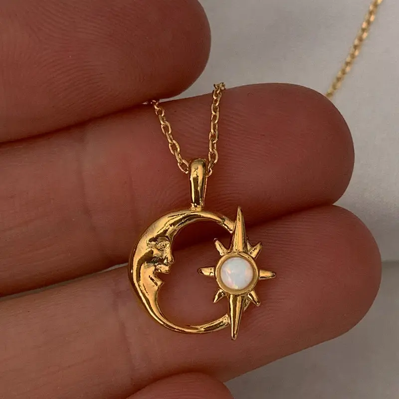 Fashion Ins Style Hollow Star Moon Opal Pendant Necklace Niche Design Star Moon Embrace Personalized Necklace Fashion Jewelry