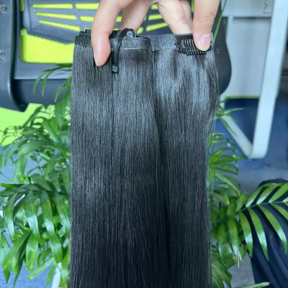 Atacado Grade 12A Clip ins sem costura para cabelo 100% cabelo humano, grampo de cabelo humano PU invisível cru