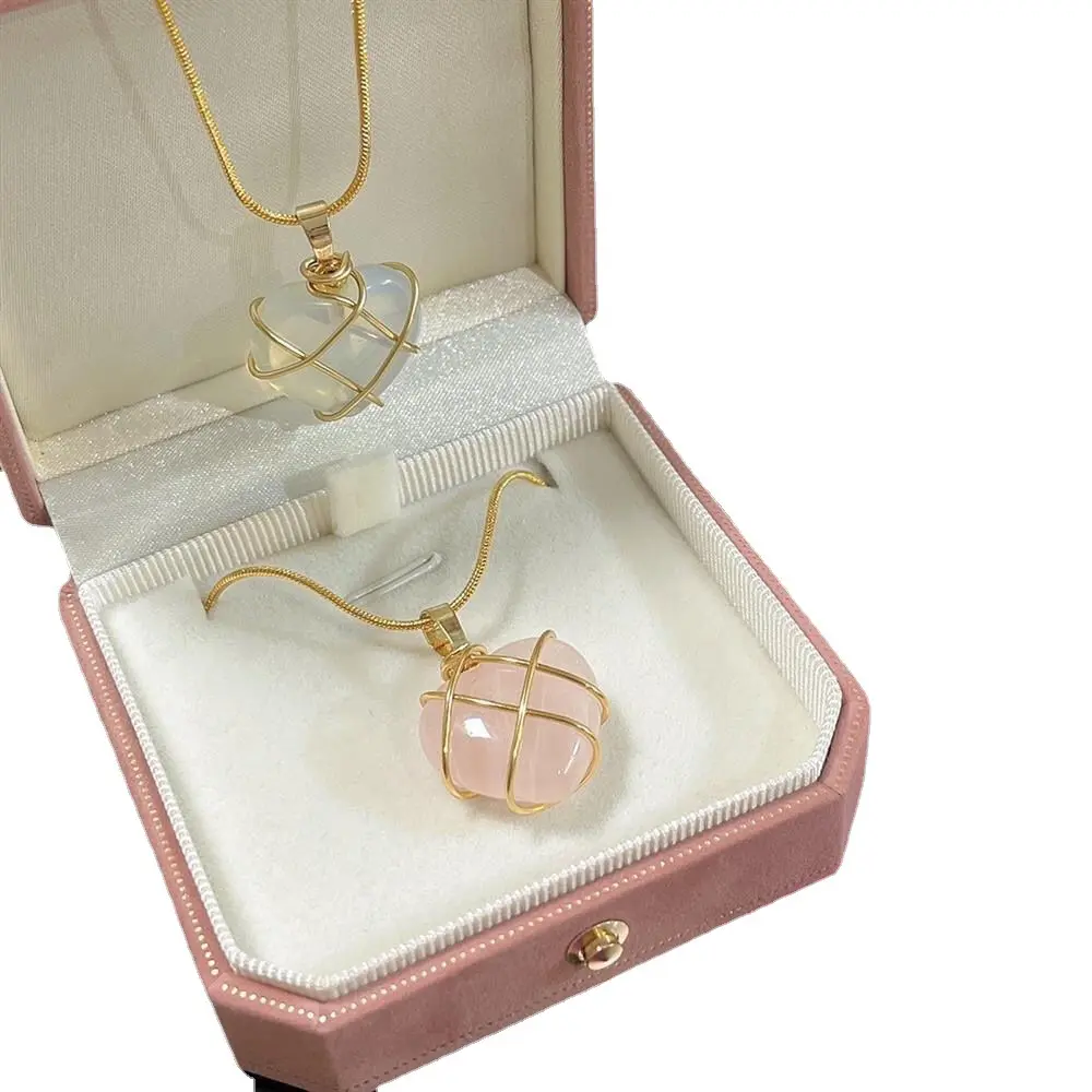 Moda tel sarılmış kalp kolye şifa kristal taş kolye doğal gül kuvars takı kadınlar için doğum günü hediyesi
