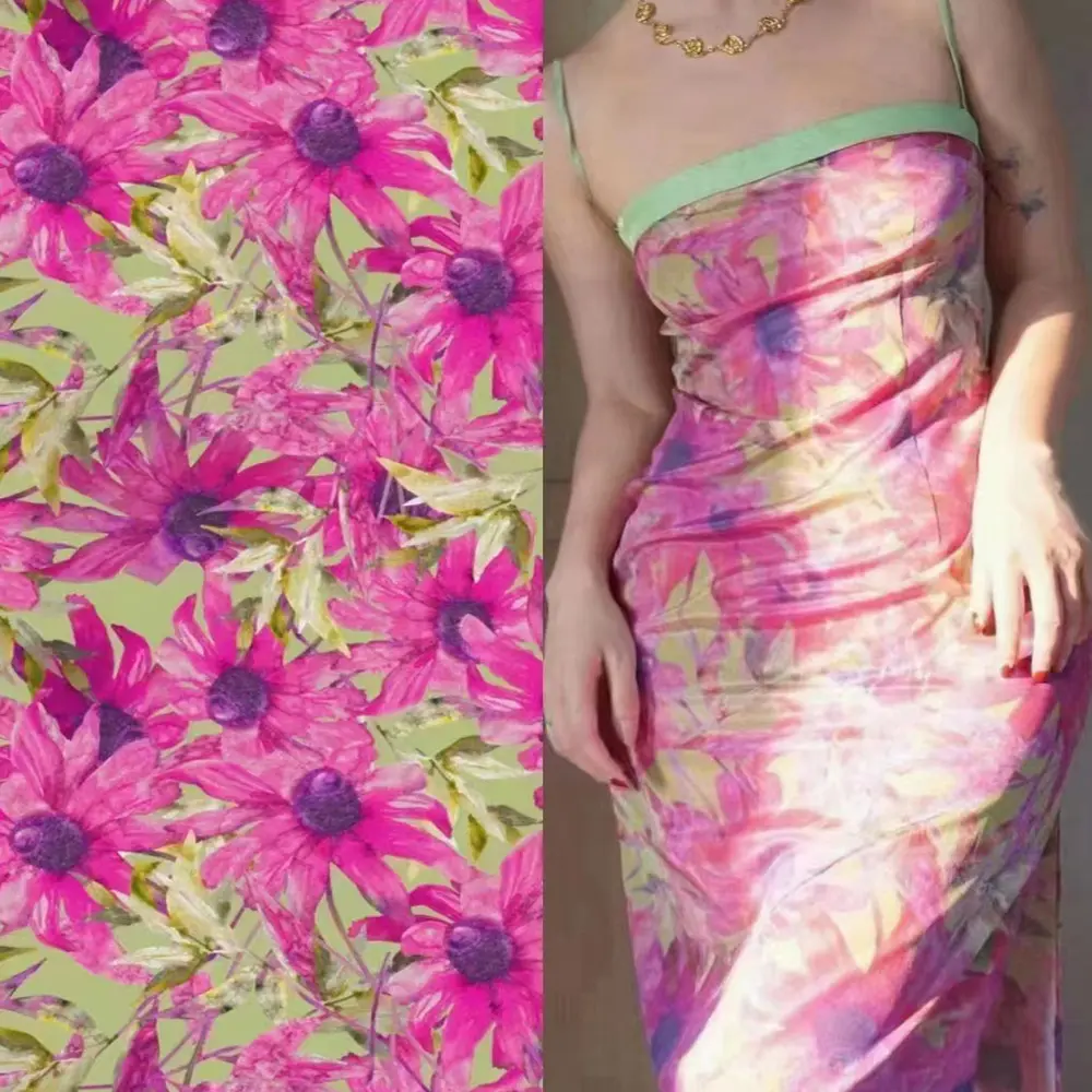 2024 Venda imperdível tecido estampado de poliéster cetim com estampa digital de desenho floral para vestido de verão