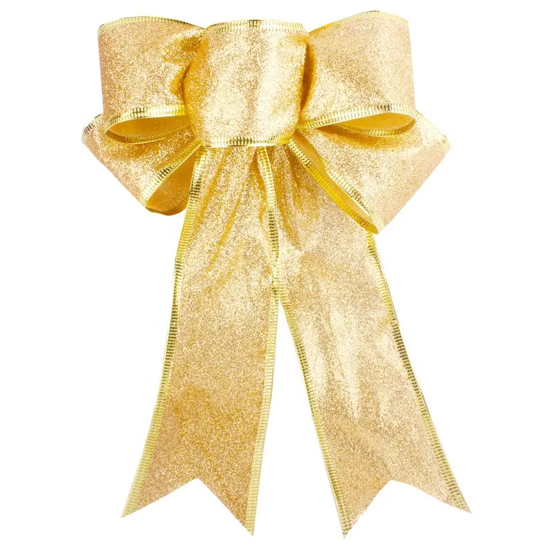Wholesale Party Ornament Supplies 25CM Gold Glitter Custom Bowknot Decoration Christmas Tree Top Bows Ribbon