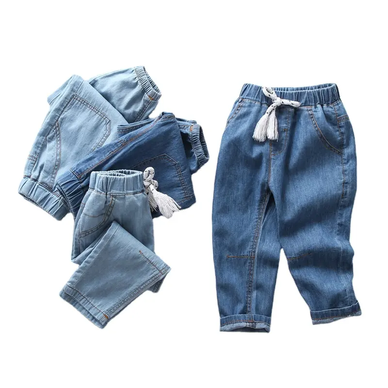 Pantalon en jean d'été pour enfants, taille élastique, vêtements en Denim extensible, pantalon bleu pour enfants garçons filles