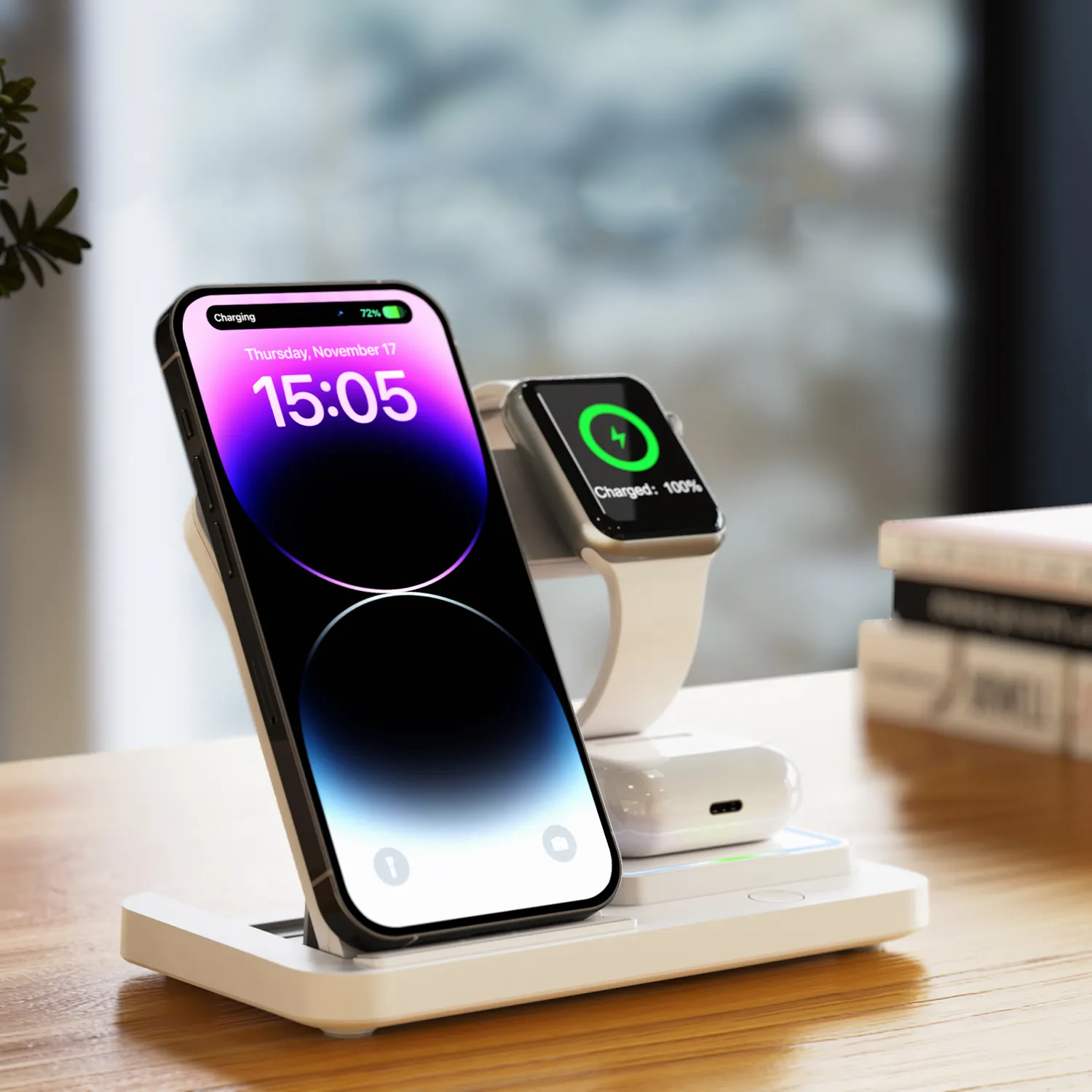 High quality 30W 4 in 1 fast Wireless Charger for mobile phones headphones and watches with small night light With 30W Plug