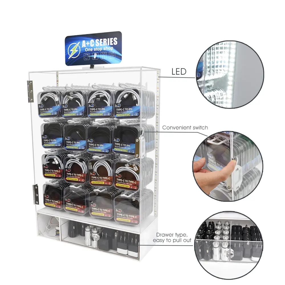 Suporte de exposição de LED acrílico USB para carregador de carro, acessório para celular, prateleira de exibição com trava de segurança