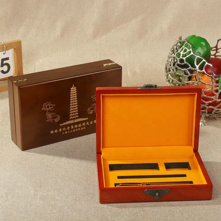 Изготовленный на заказ лазерный логотип MDF деревянная коробка для ручек из шпона грецкого ореха роскошный подарочный набор авторучек упаковочная коробка