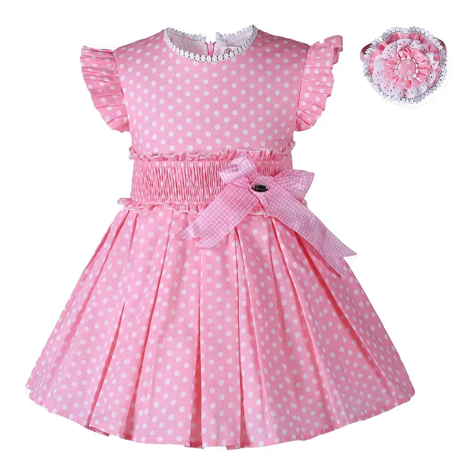 2-12y Bage Enfants Toddler Bébé Rose Polka Jupe Vintage Robes Sans Manches Floral Soutien Vacances Smocked Enfants pour Filles 1000