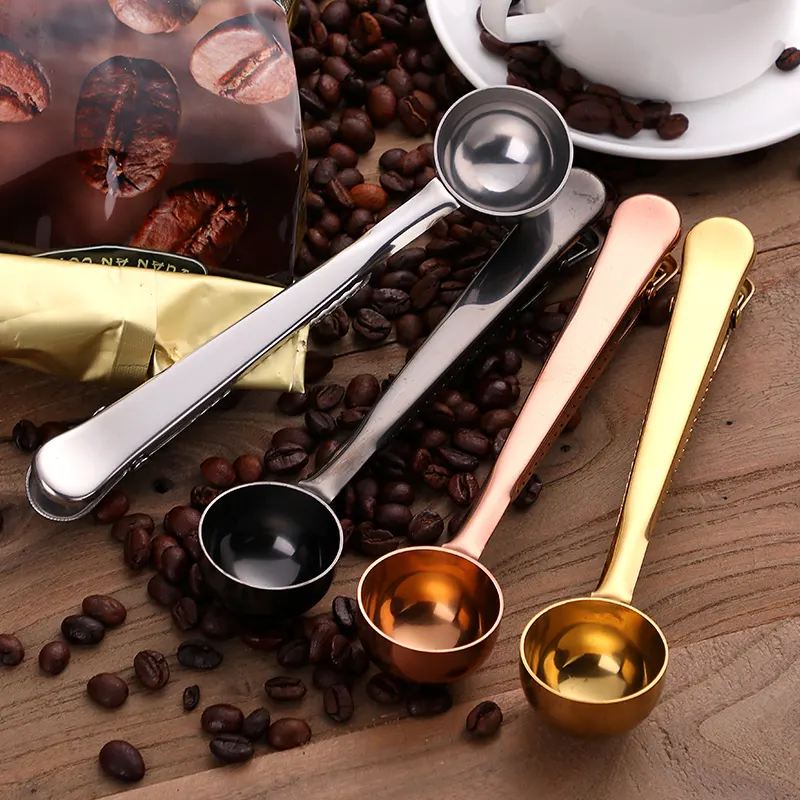 Custom Logo 2 in 1 gold Metal Coffee messung scoop Spoon mit abdichtung tasche clip