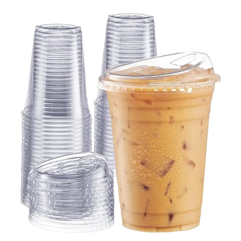 Vasos para bebidas frías de plástico PET transparente de 16 onzas con tapas para sorbos sin pajitas