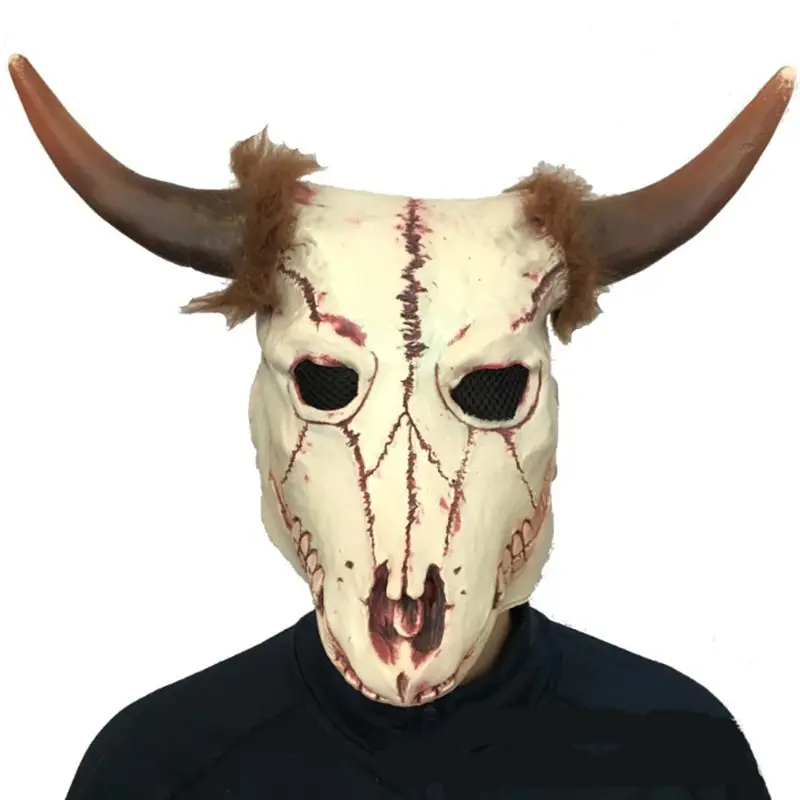 Masque de squelette en corne tête de taureau, tête de taureau, masque d'horreur, Halloween, mascarade, accessoires animaux en Latex, couvre-chef de vache squelette