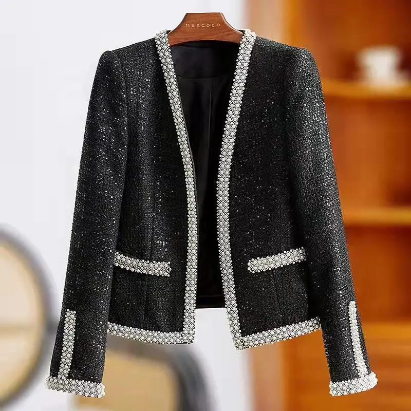 Outono e Inverno 2023 Nova Beleza Temperamento das Mulheres Top Tweed Estilo Curto Frisada Versátil Terno Casaco