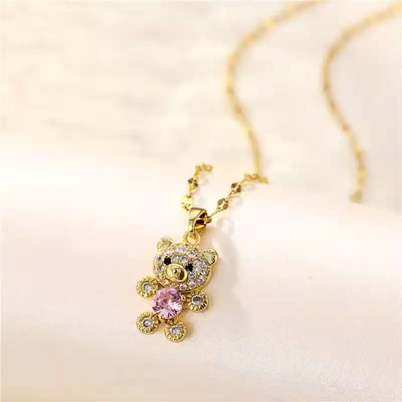 Collar de oso de peluche de corazón de amor de cristal para mujer, joyería bañada en oro de acero y titanio