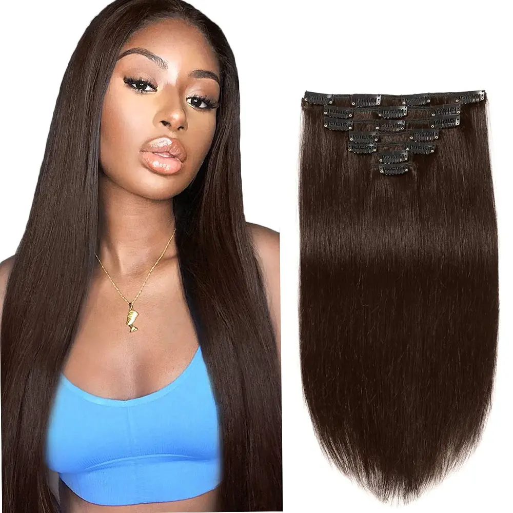 Extensions de cheveux humains épais clip ins couleur marron 100% Clip invisible Remy dans l'extension de cheveux pour les femmes noires