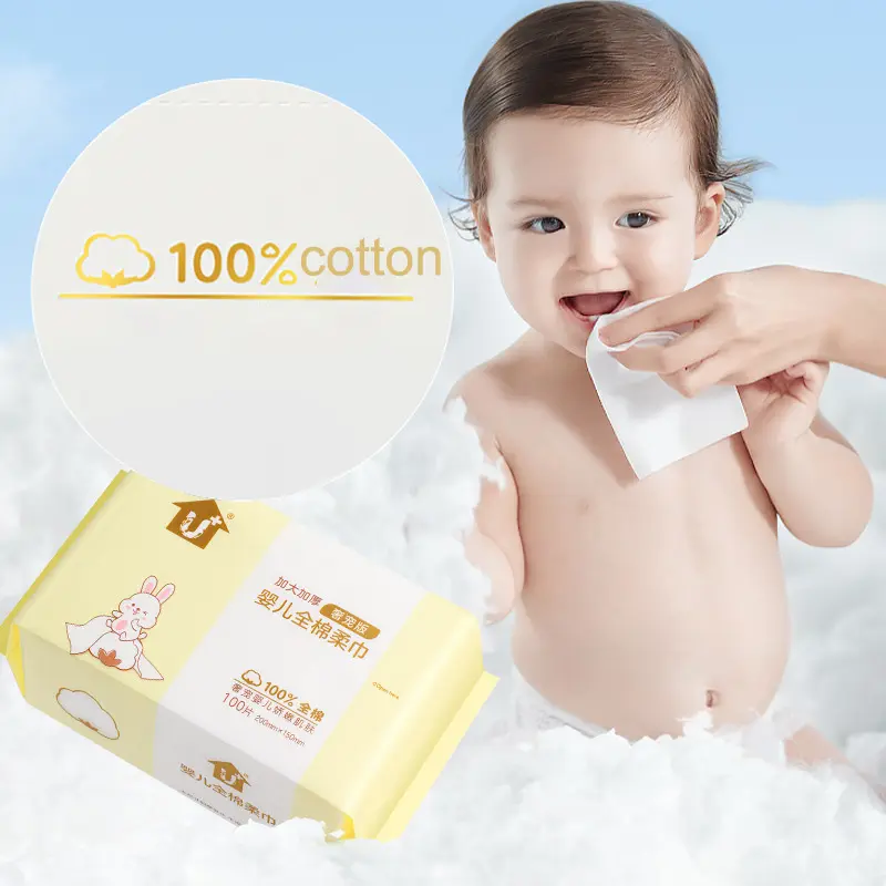 Papier nettoyant pour le visage, logo personnalisé, 100% coton biologique, débarbouillettes pour bébés, serviettes jetables non tissées pour bébés