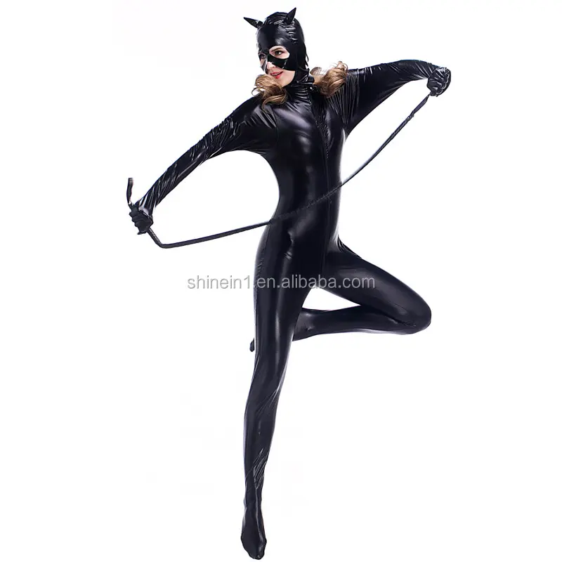 Venta al por mayor de imitación de cuero negro mono traje señoras Sexy Catsuit de cuero de Catwoman disfraz para Halloween Cosplay