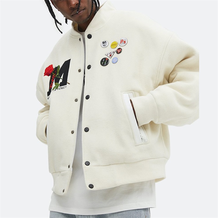 OEM Custom Embroidery Varsity Jackets Winter 100% Wool Rose Fleece Letter Bomber Jacket 3