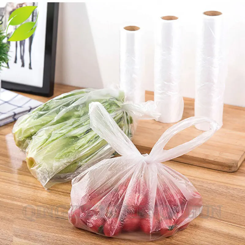Tas belanja rompi transparan plastik HDPE bening murah pada gulungan makanan dan sayuran dengan cetakan bagus