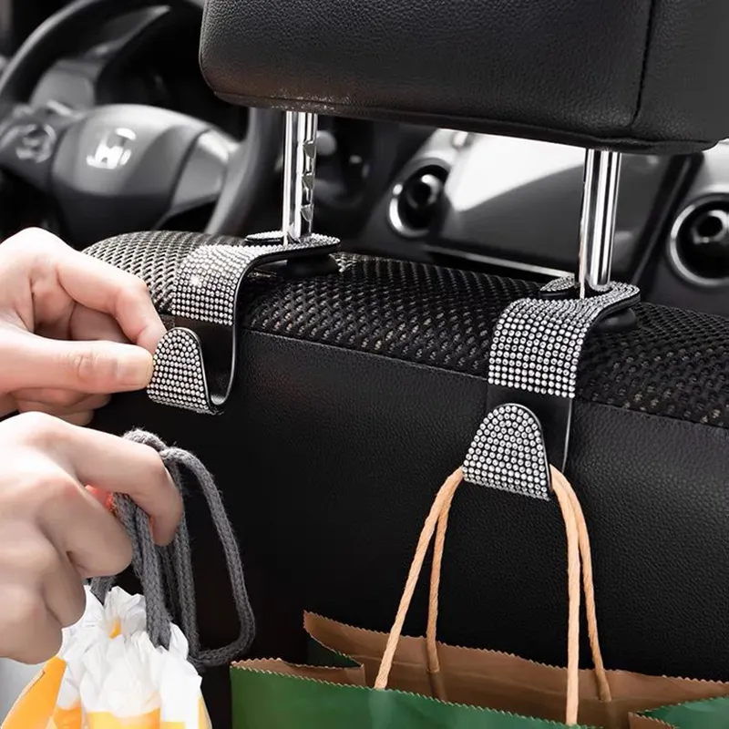 ブリンブリンダイヤモンドラインストーンカーヘッドレストフックハンドバッグ財布と食料品のためのカラフルな車両フックオーガナイザー