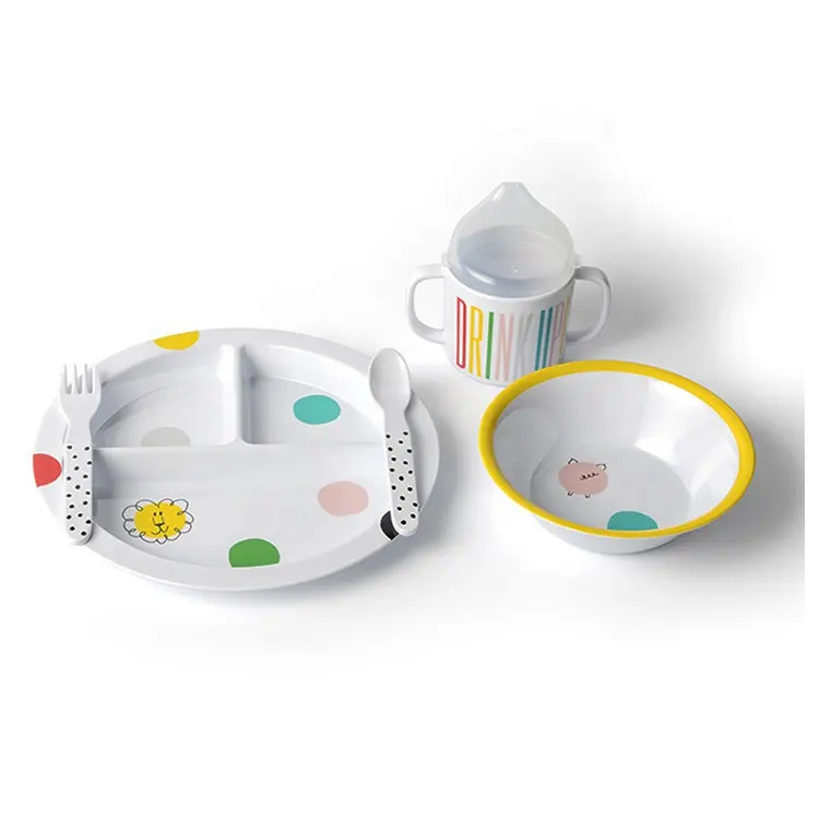 5Pcs/Set Children Melamine Plate Kids Dinnerware Sets with Plate, Bowl, Cup, Fork and Spoon