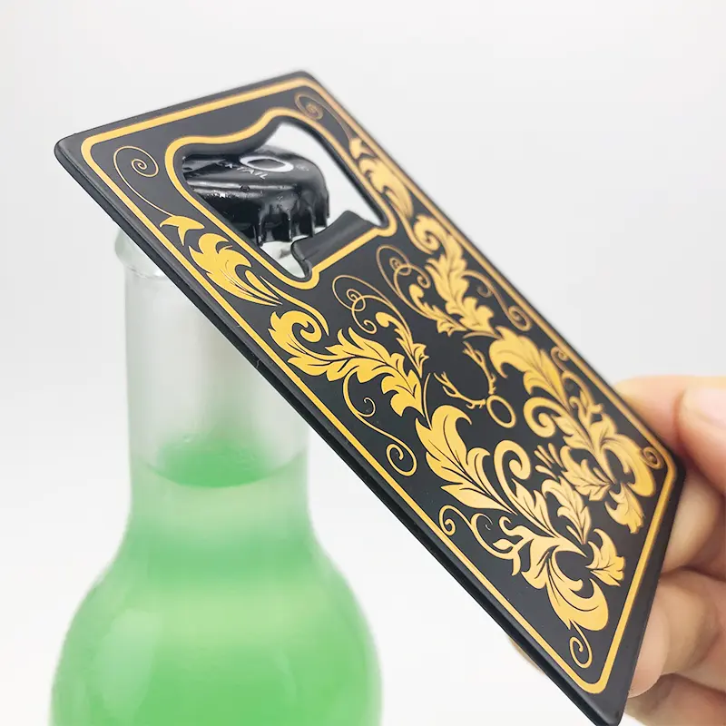 Abridor de garrafas de cartão de crédito retangular plano de sublimação ecológico personalizado, logotipo gravado a laser, abridor de cerveja de metal