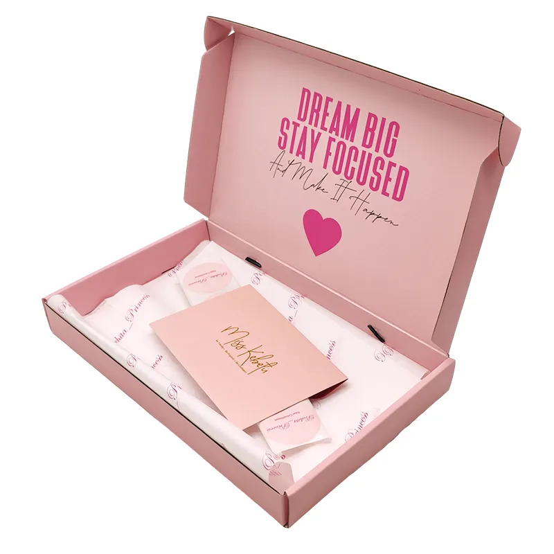 Logo del marchio personalizzato stampa di abbigliamento in cartone ondulato scatole di spedizione di colore rosa Mailer imballaggio cassetta postale con manico a nastro