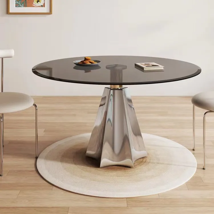 Mesa de vidro temperado redonda sala de jantar, vidro de água, loja de café, pequeno, vidro de aço, mesa e cadeiras
