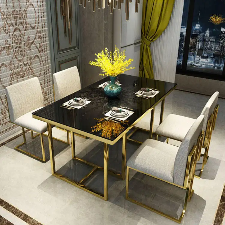 Branco Falso Couro Cadeiras De Jantar Estofados Cadeira De Jantar Conjunto de 6 Pernas De Aço Inoxidável De Ouro Polido mesa de jantar