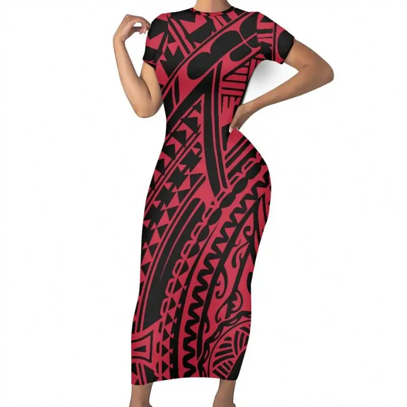 2023 toptan polinezya Tribal kırmızı desen bayanlar elbiseler rahat seksi yaz parti zarif kısa kollu Bodycon kalem Midi